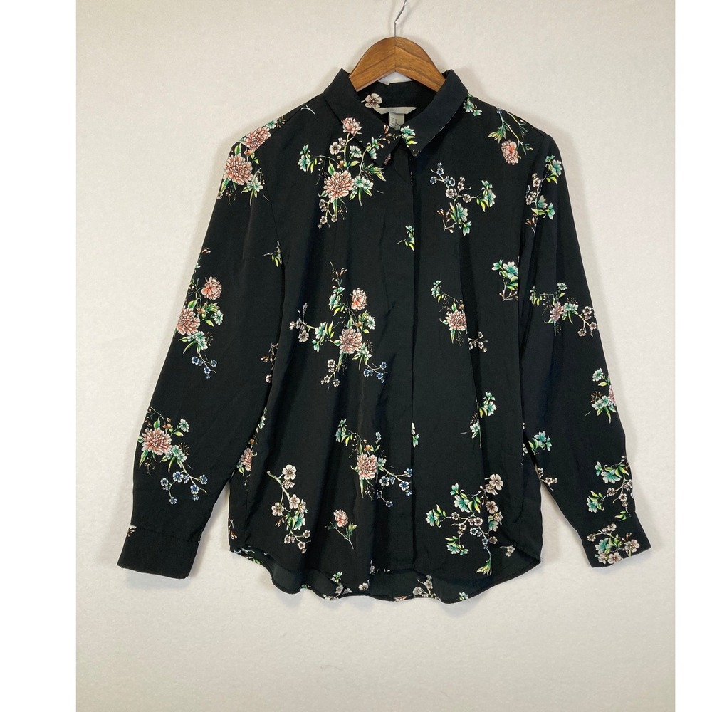 H&M Floral Button‎ Down Blouse Womens 12 Black Long Sleeve Hidden Placket